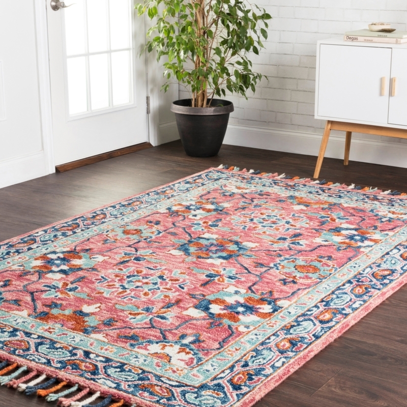 Area Rug Rose And Teal Palette Boho Medallion Design Loop Pile