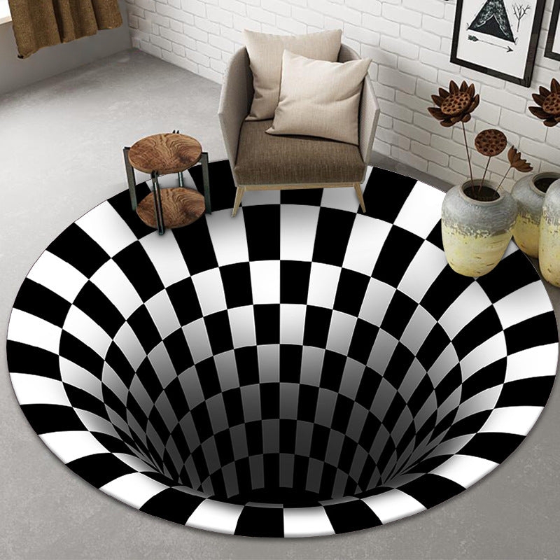 Area Rug Round Black White 3D Vortex Effect High Contrast Modern