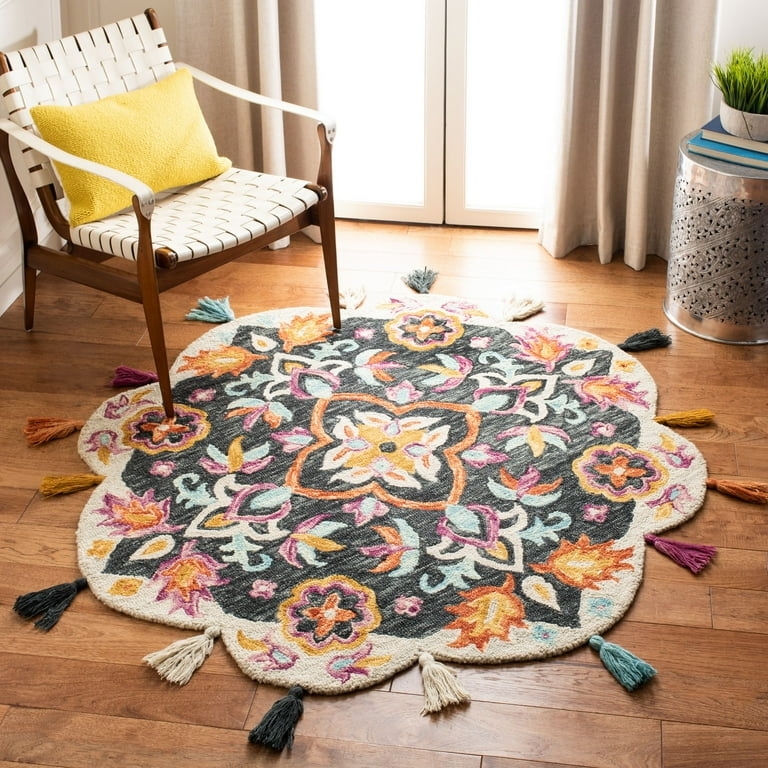 Area Rug Round Blue Pink Large Scale Floral Vibrant Whimsical
