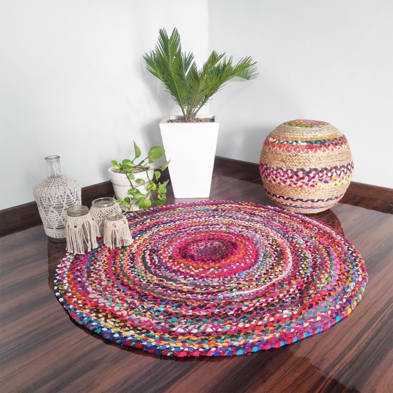 Area Rug Round Bohemian Coiled Braid Recycled Fabric Multicolor