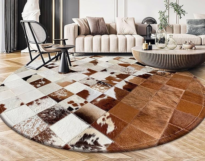 Area Rug Round Cowhide Patchwork Modern Minimalist Styling
