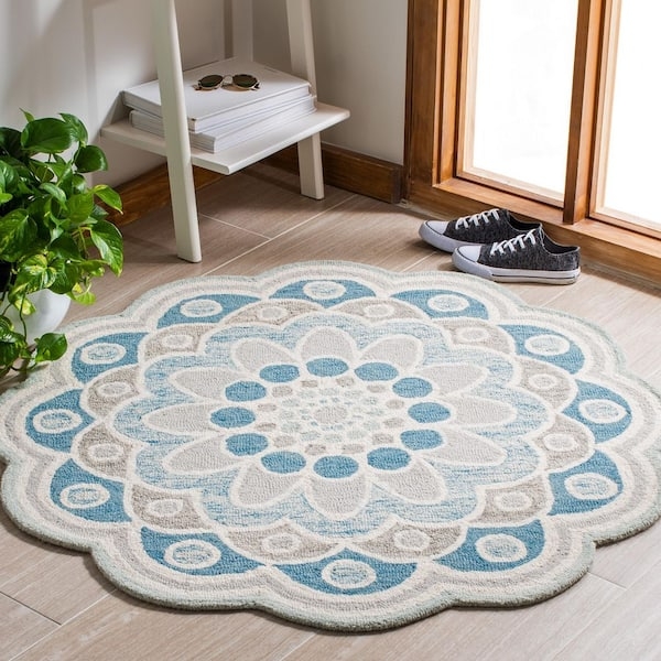 Area Rug Round Grey Blue Field Ivory Floral Pattern Traditional