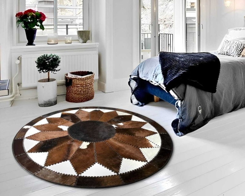 Area Rug Round Hair On Hide Radiating Patchwork Modern Rustic