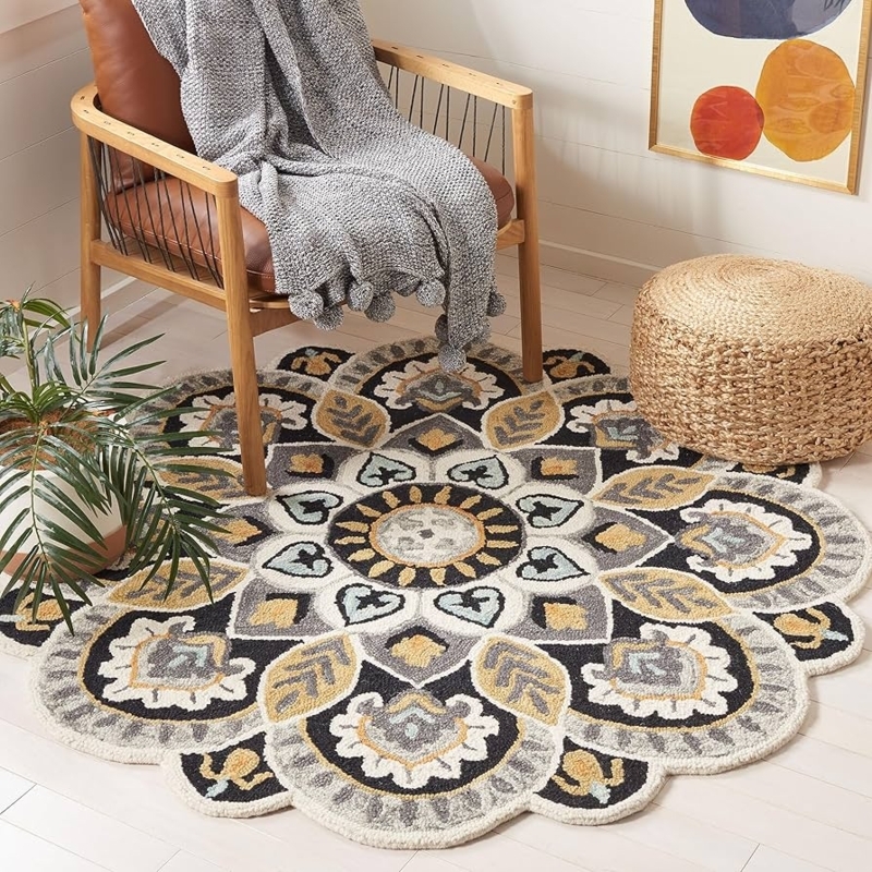 Area Rug: Round Handmade Wool Graphic Flower Design