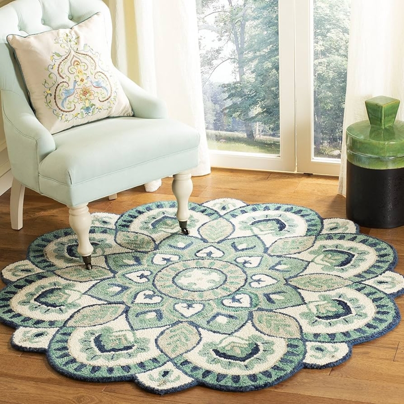 Area Rug Round Ivory Navy Border Floral Medallion Traditional Hooked