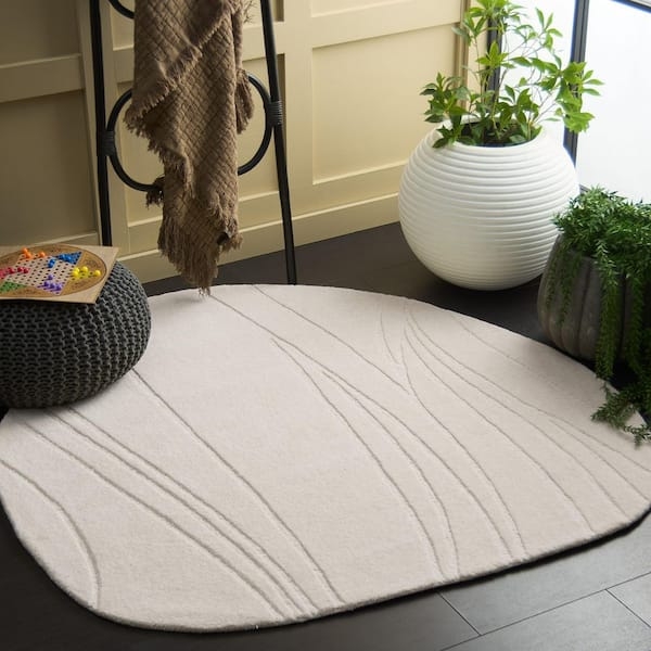 Area Rug Round Ivory Scalloped Edge Plush Wavy Border Minimalist
