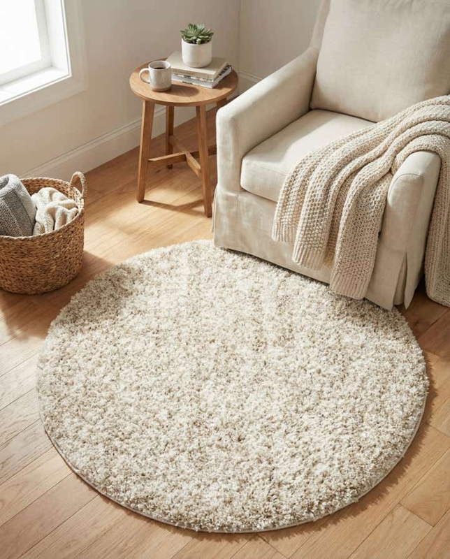 Area Rug: Round Ivory Shag Silhouette for Boho Chic Nook