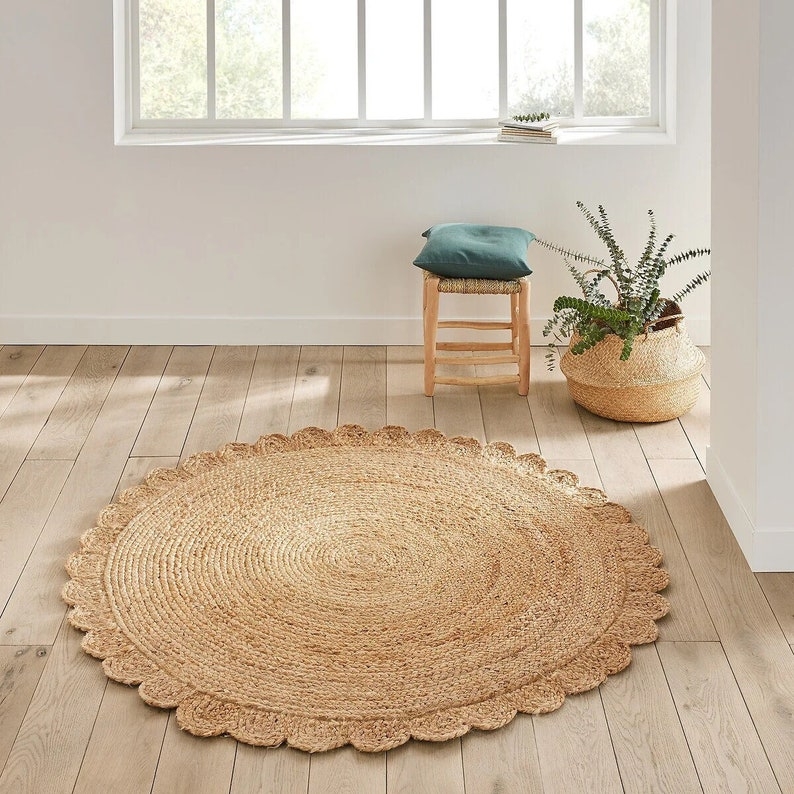 Area Rug Round Jute Scalloped Border Bohemian Natural