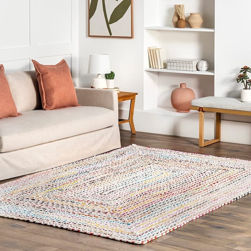 Area Rug Round Multicolor Braided Spiral Cotton Jute Blend Boho