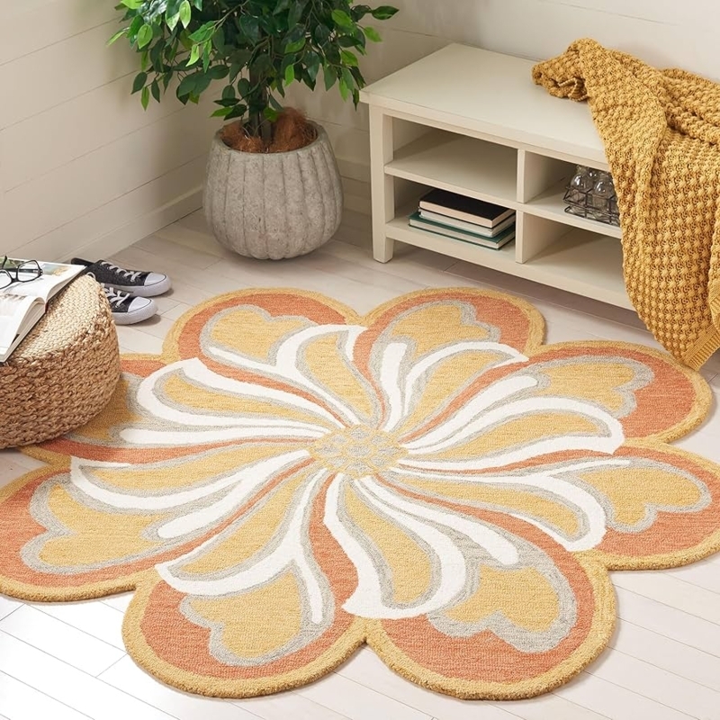 Area Rug Round Rust Gold Bold Flower Design Handmade Wool