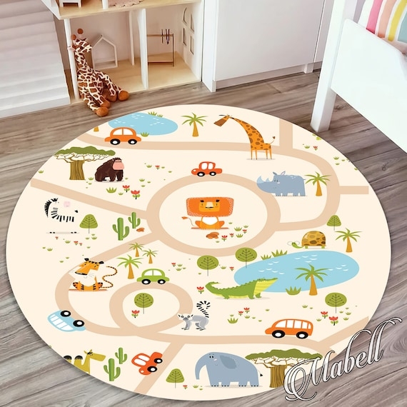 Area Rug Round Safari Park Illustration Playful Cream