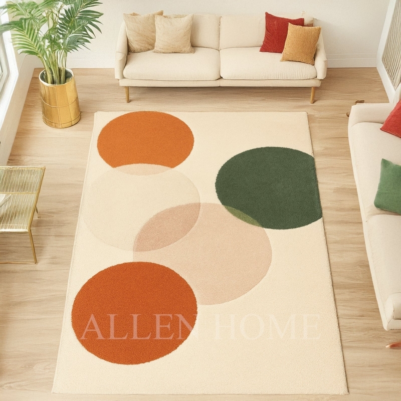 Area Rug Round Shape Orbit Pattern Rust Orange Mid Century Modern