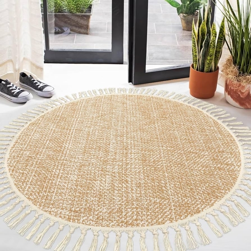 Area Rug Round Shape Tassel Fringe Geometric Diamonds Farmhouse