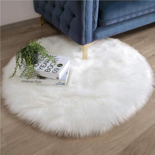 Area Rug Round Shape White Faux Fur Shaggy Border Plush Nursery