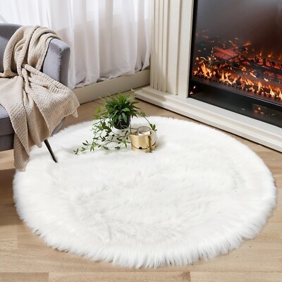 Area Rug Round Shape White Faux Fur Shaggy High Pile Bedroom Decor