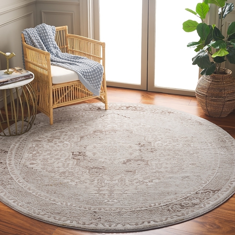 Area Rug Round Silhouette Traditional Ivory Beige Floral Medallion