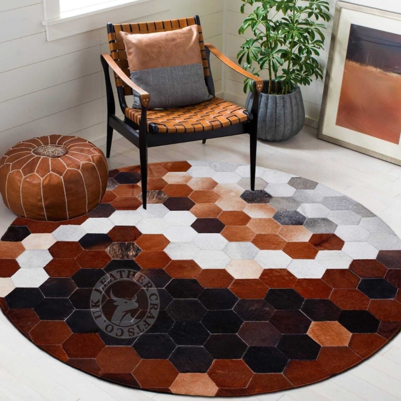 Area Rug Round Sunburst Patchwork Hair On Hide Rustic Modern