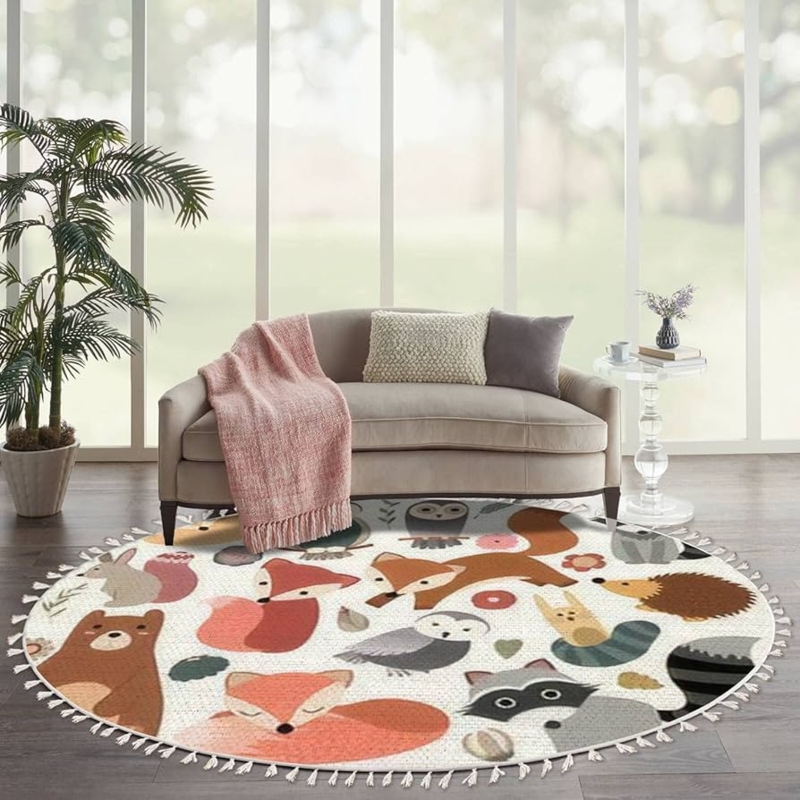 Area Rug Round Tassel Fringe Woodland Animal Motif Boho