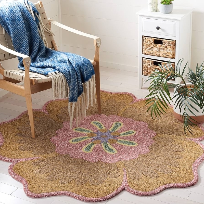 Area Rug Round Vibrant Gold Color Oversized Floral Motif Plush