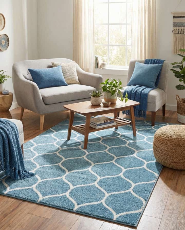 Area Rug Rounded Trellis Pattern Frieze Texture Light Blue