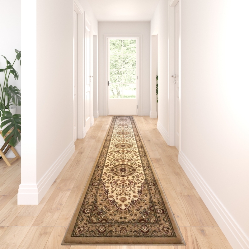 Area Rug Runner Traditional Ivory Repeating Medallion Pattern