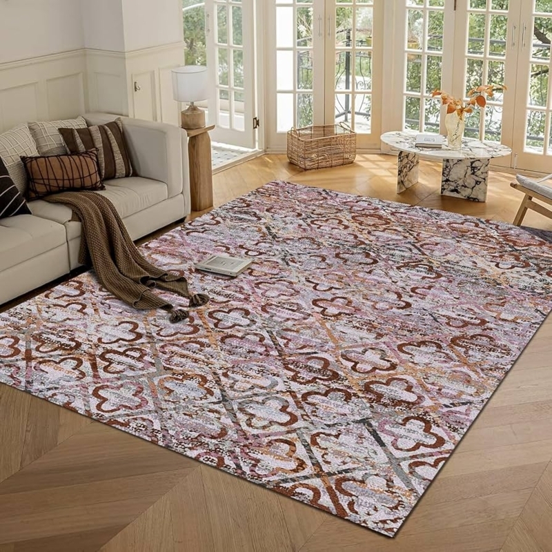 Area Rug Rust Blue Washable Traditional Medallion Living Room