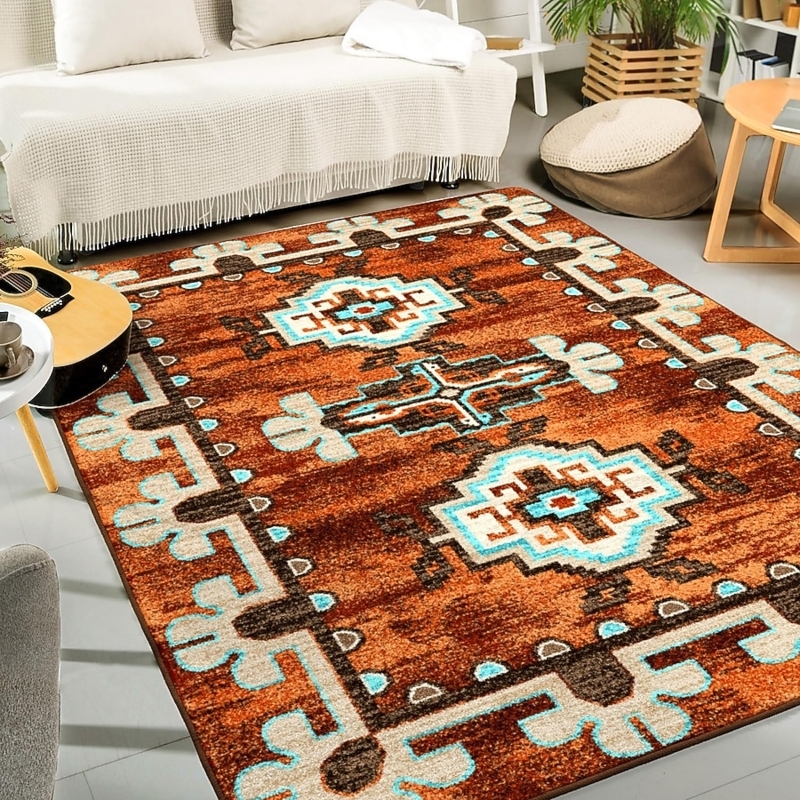 Area Rug Rust Southwestern Motifs Tufted Nylon Warm Lodge