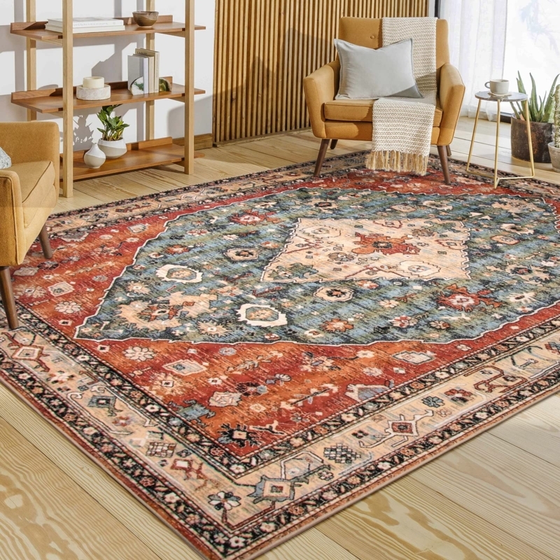 Area Rug Rust Teal Oversized Medallion Boho Tribal Styling