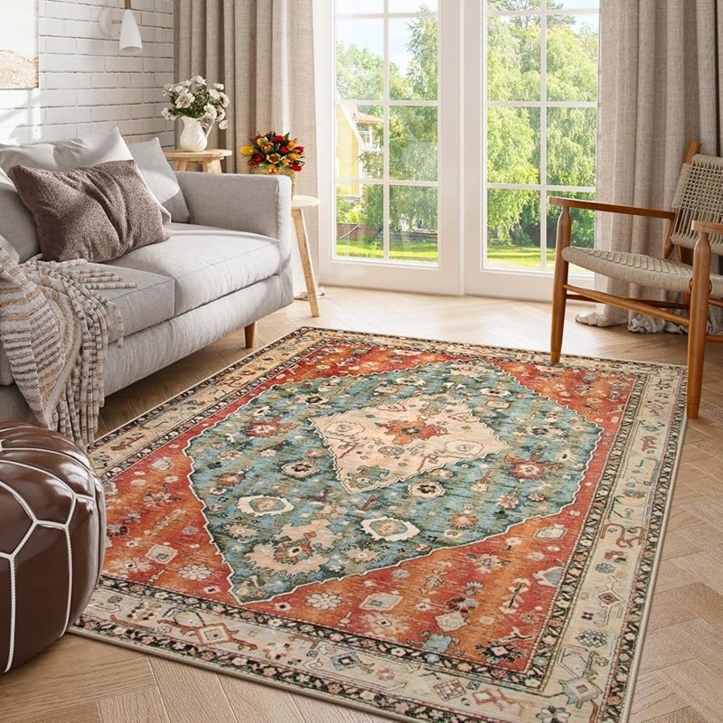 Area Rug Rust Teal Tribal Aesthetic Washable Design