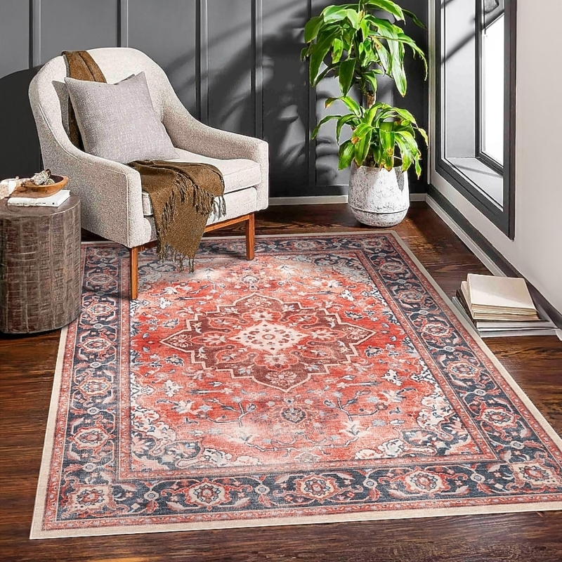 Area Rug Rust Traditional Medallion Washable Entryway Accent