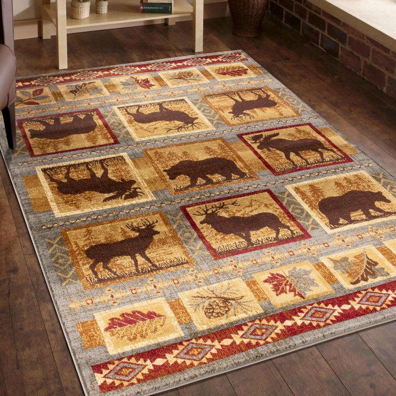 Area Rug, Rustic Cabin Style with Wildlife Motif & Paneled Design