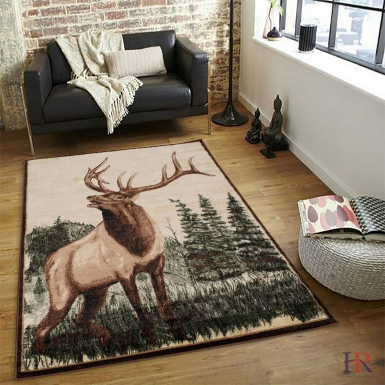 Area Rug Rustic Wildlife Scene Pine Tree Motif Cabin Decor