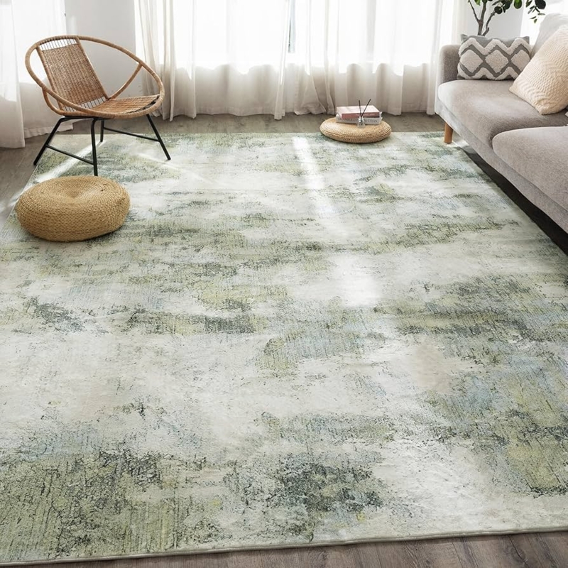 Area Rug Sage Green Abstract Washable Low Pile Organic Modern