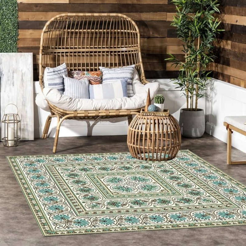 Area Rug Sage Green Background Paisley Medallion Vintage Patio