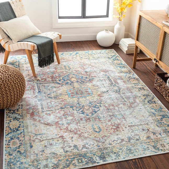 Area Rug Sage Green Base Faded Vintage Look Medallion
