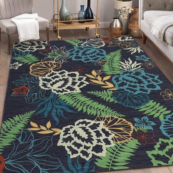 Area Rug Sage Green Botanical Border Washable Design Boho Decor