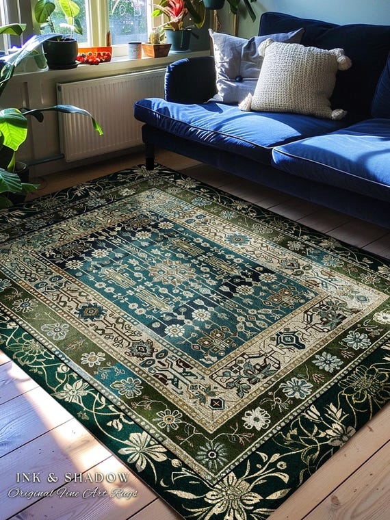Area Rug Sage Green Botanical Print Fringed Tassel Border