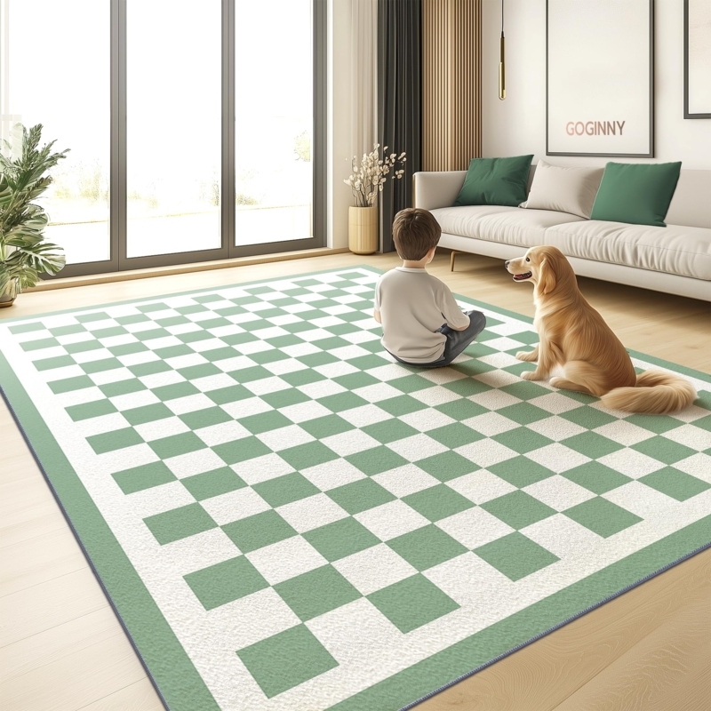 Area Rug: Sage Green Checkerboard Washable Boucle Texture Boho