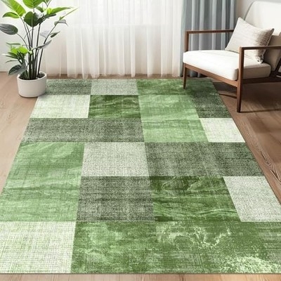 Area Rug Sage Green Faded Distressed Design Minimalist Bedroom