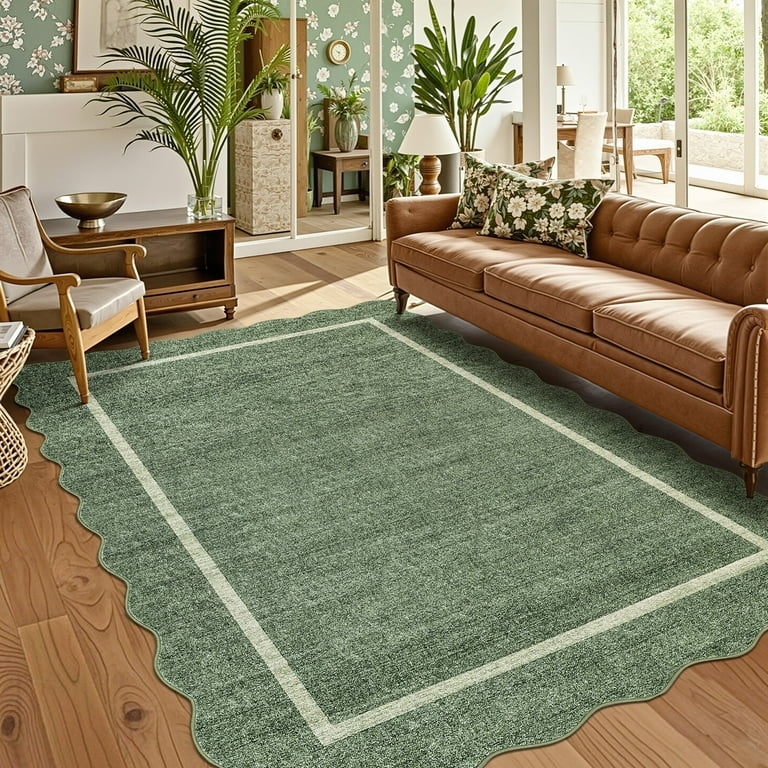 Area Rug Sage Green Forest Border Scalloped Edge Modern Organic