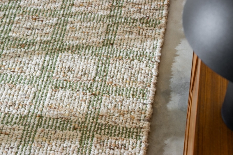 Area Rug Sage Green Grid Pattern Wool Flatweave Scandinavian Style
