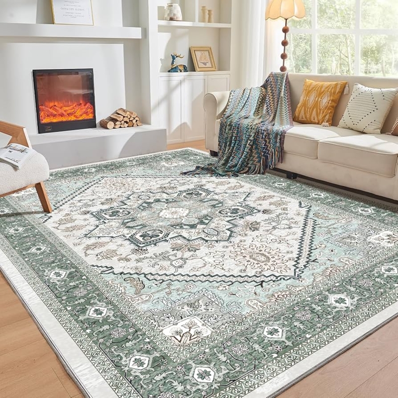 Area Rug Sage Green Low Pile Faux Cashmere Minimalist Washable