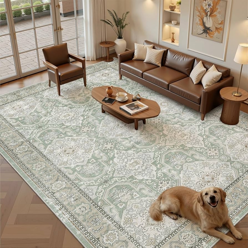 Area Rug Sage Green Medallion Vintage Farmhouse Distressed