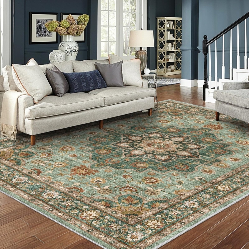 Area Rug Sage Green Palette Distressed Washable Vintage Living Room