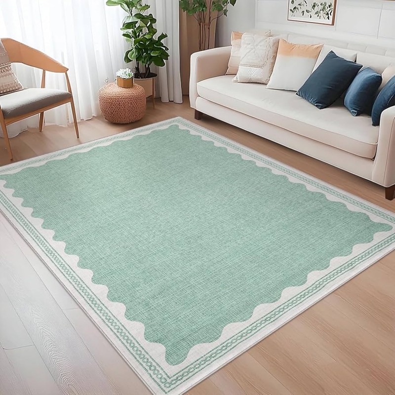 Area Rug Sage Green Scalloped Edge Low Pile Living Room