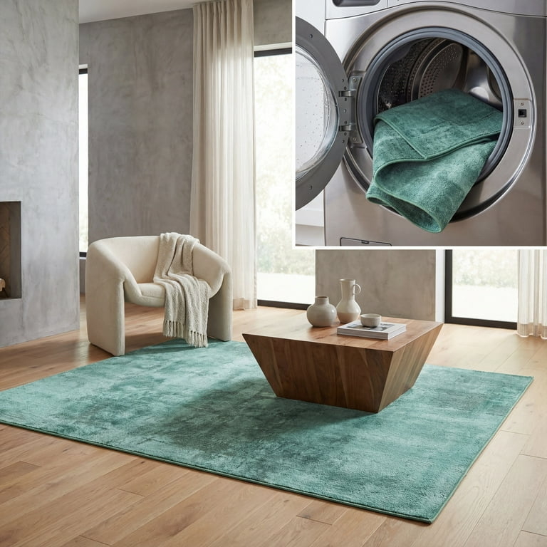 Area Rug: Sage Green Shag High Pile Square Scandinavian Living Room