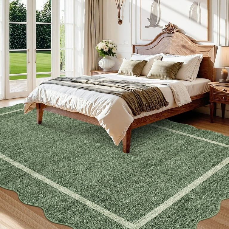 Area Rug Sage Green White Scalloped Edge Floral Corners Shabby Chic