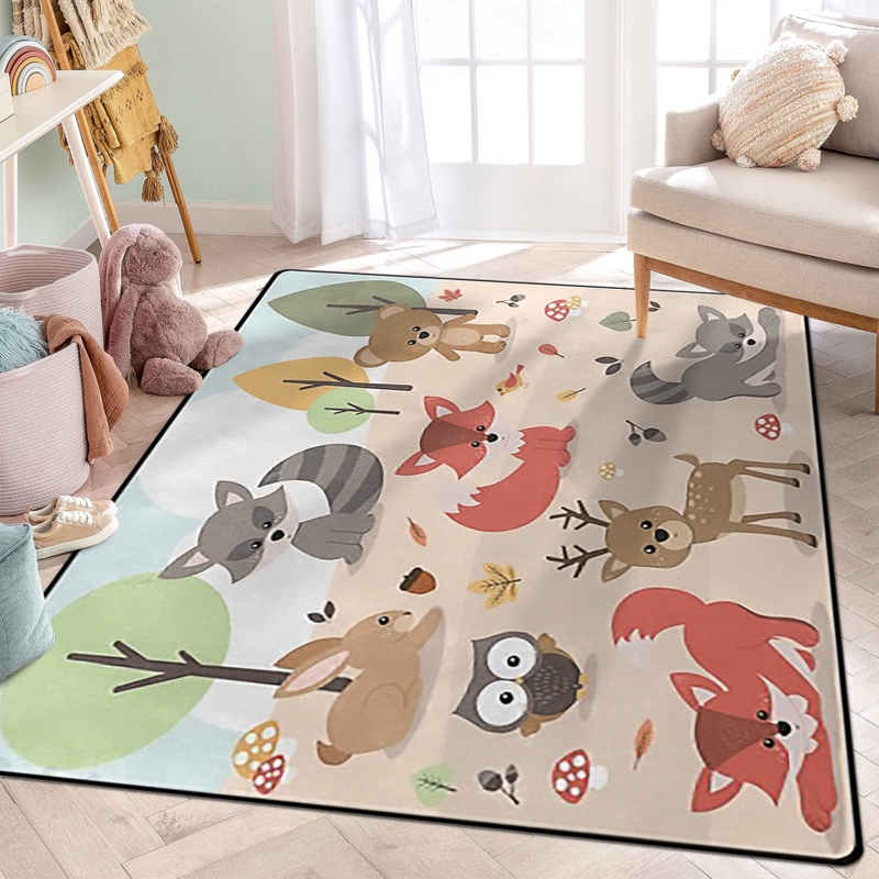 Area Rug Sage Green Woodland Animal Illustrations Low Pile