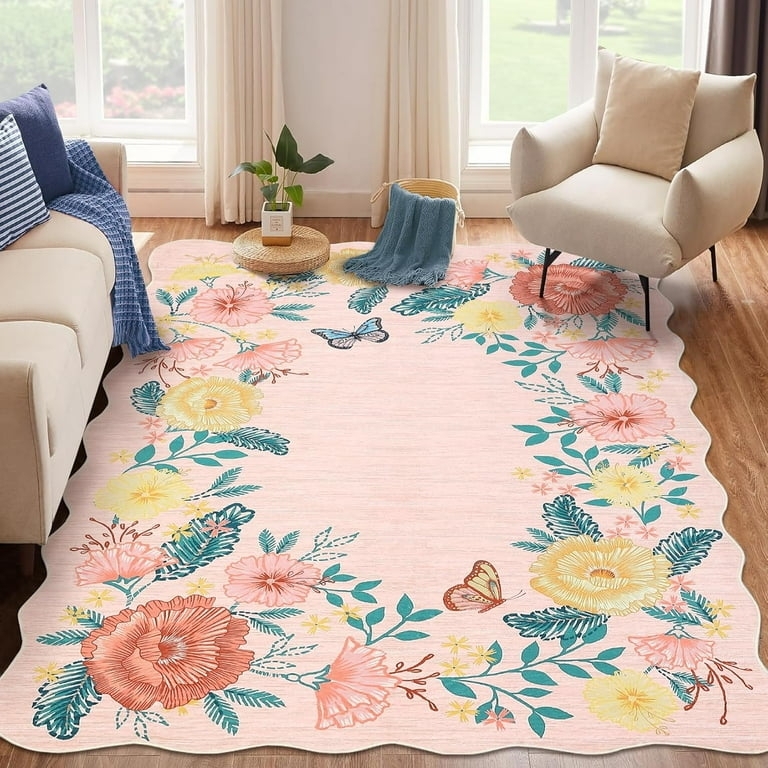 Area Rug Scalloped Border Distressed Floral Terracotta Low Pile