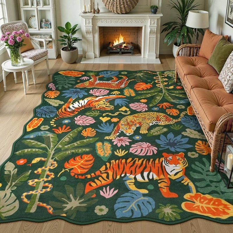Area Rug Scalloped Edge Leopard Illustration Tropical Leaf Green